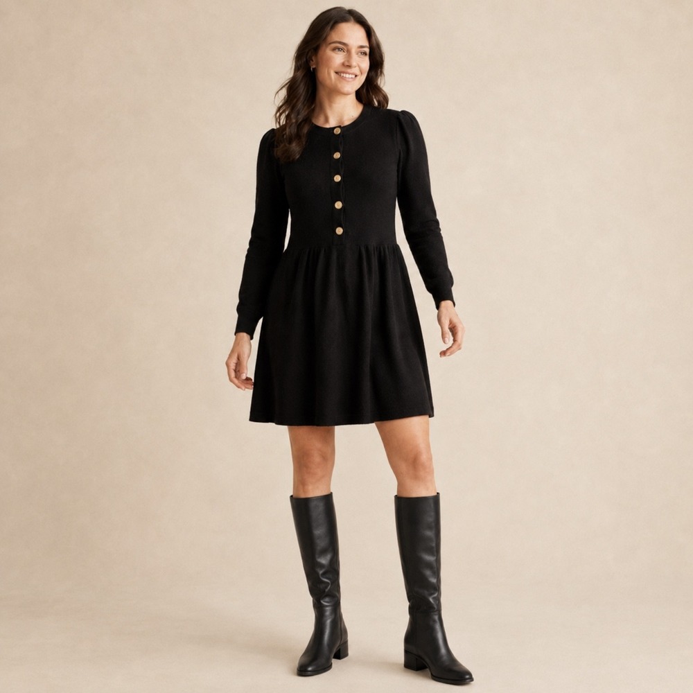 Boden Women's 10R Black Sweater Dress Gold Anchor Buttons Fit Flare Nautical